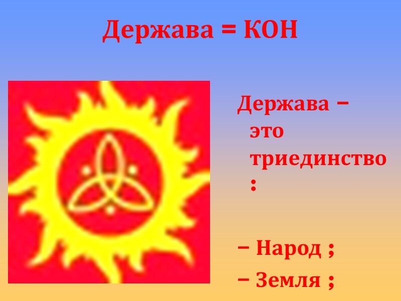 Держава = КОН  Держава – это триединство:   Народ ;  Земля